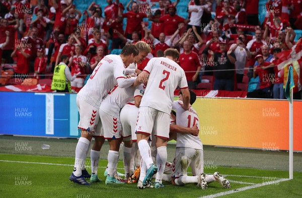 260621 - Wales v Denmark - European Championship - Round of 16 - Joakim Maehle of Denmark celebrates scoring a goal with team mates