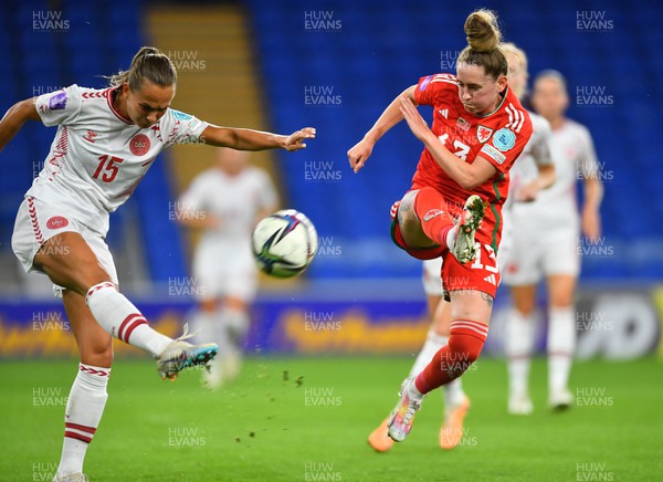 260923 - Wales v Denmark - UEFA Women’s Nations League - Frederikke Thogersen of Denmark and Hayley Ladd of Wales