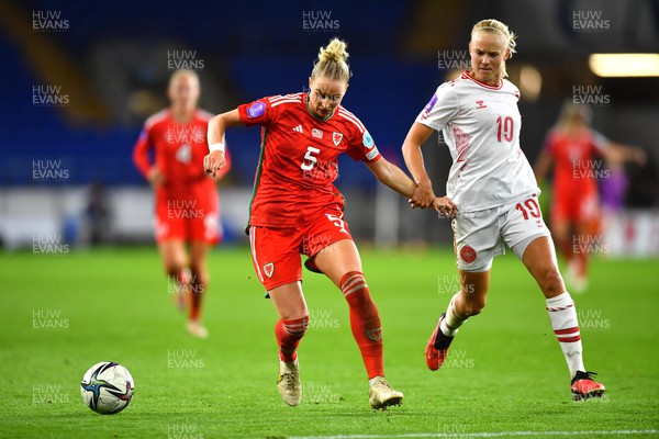 260923 - Wales v Denmark - UEFA Women’s Nations League - Rhiannon Roberts of Wales and Pernille Harder of Denmark