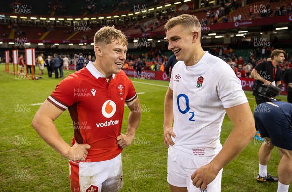 050823 - Wales v England - Vodafone Summer Series - Sam Costelow of Wales and Jack van Poortvliet of England 