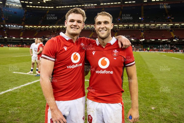 050823 - Wales v England - Vodafone Summer Series - Taine Plumtree and Max Llewellyn of Wales at full time