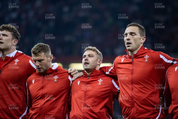 050823 - Wales v England - Vodafone Summer Series - Dan Biggar, Leigh Halfpenny and George North of Wales sing the anthem