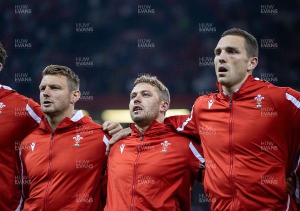 050823 - Wales v England - Vodafone Summer Series - Dan Biggar, Leigh Halfpenny and George North of Wales sing the anthem