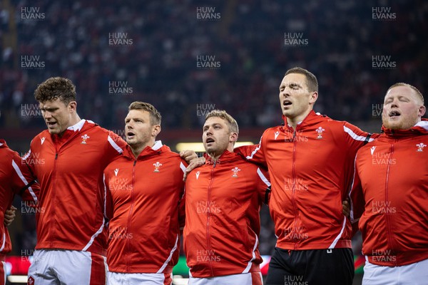050823 - Wales v England - Vodafone Summer Series - Will Rowlands, Dan Biggar, Leigh Halfpenny and George North of Wales sing the anthem