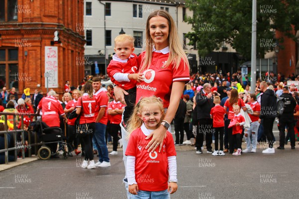 050823 - Wales v England - Summer Series -  Fiancee of Corey Domachowski Grace arrives at The Principality Stadium with children Rio (L) and Mia to watch him win his first cap