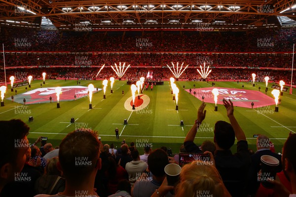 050823 - Wales v England - Summer Series -  Pyrotechnics light up The Principality Stadium as the teams take the field