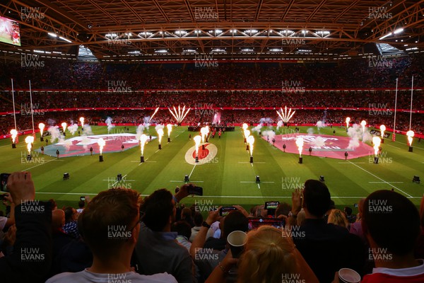 050823 - Wales v England - Summer Series -  Pyrotechnics light up The Principality Stadium as the teams take the field
