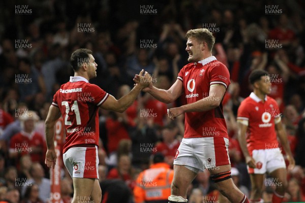 050823 - Wales v England - Summer Series -  Tomos Williams and Taine Plumtree of Wales celebrate at the final whistle