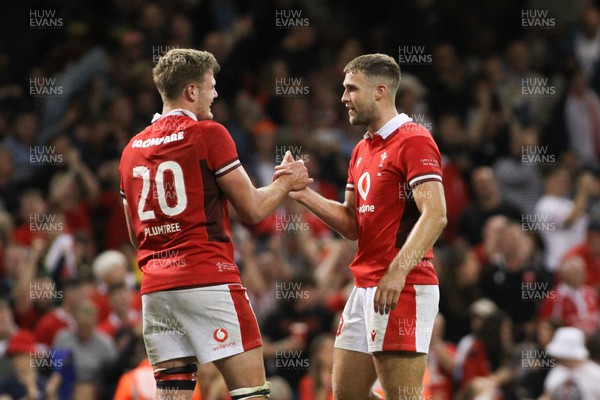 050823 - Wales v England - Summer Series -  Taine Plumtree and Max Llewellyn of Wales celebrate at the final whistle