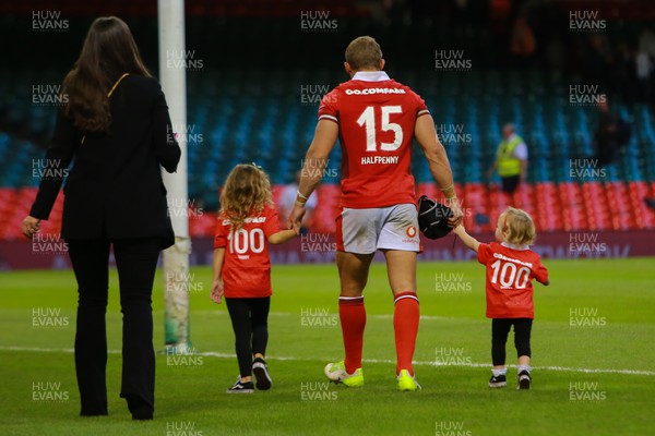 050823 - Wales v England - Summer Series -  Leigh Halfpenny of Wales celebrates winning 100 international caps with fiancee Jess and daughters Lily and Nora