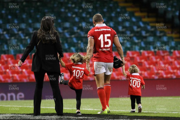 050823 - Wales v England - Summer Series -  Leigh Halfpenny of Wales celebrates winning 100 international caps with fiancee Jess and daughters Lily and Nora