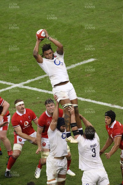 050823 - Wales v England - Summer Series - Aaron Wainwright Will Rowlands and Dafydd Jenkins of Wales defend a lineout as Lewis Ludlam of England takes