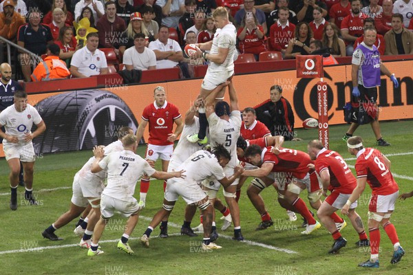 050823 - Wales v England - Summer Series - Forwards of Wales defend a lineout as David Ribbans of England takes 