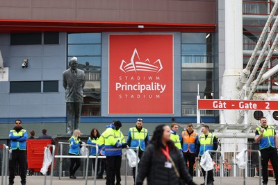 150325 - Wales v England - Guinness Six Nations - External view of Principality Stadium with statue of Sir Tasker Watkins in front