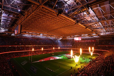 150325 - Wales v England - Guinness Six Nations - General view of the pyrotechnic display inside the Principality Stadium prior to the game