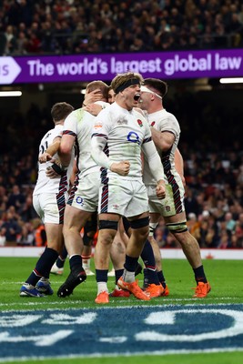 150325 - Wales v England - Guinness Six Nations - Henry Pollock of England celebrates after Joe Heyes of England scored the team's eighth try