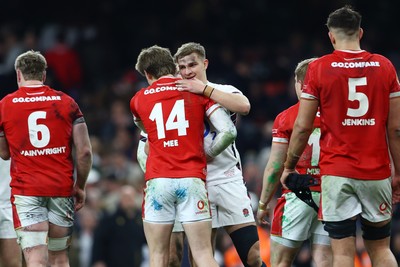 150325 - Wales v England - Guinness Six Nations - Ellis Mee of Wales embraces with Jack van Poortvliet of England following the match