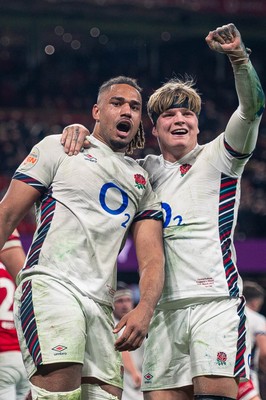 150325 - Wales v England - Guinness Six Nations -  Chandler Cunningham South and Henry Pollock celebrate after Chandler Cunningham South’s second half try after England go on to beat Wales 