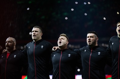 150325 - Wales v England - Guinness Six Nations Championship - WillGriff John, Will Rowlands, Dewi Lake and Gareth Thomas of Wales sing the anthem