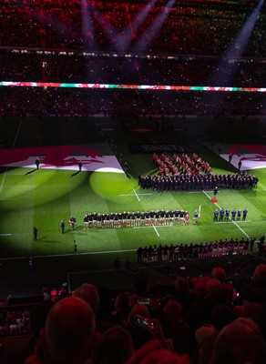 150325 Wales v England, Guinness Mens Six Nations - The teams line up for the anthem at the start of the match