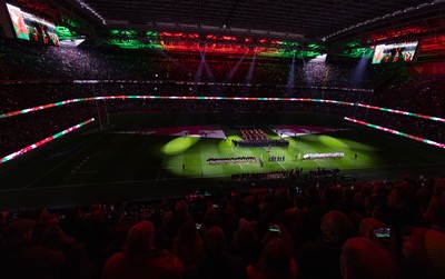 150325 Wales v England, Guinness Mens Six Nations - The teams line up for the anthem at the start of the match