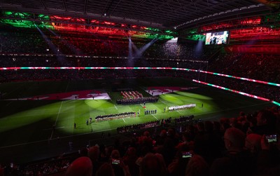 150325 Wales v England, Guinness Mens Six Nations - The teams line up for the anthem at the start of the match