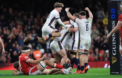 150325 Wales v England, Guinness Mens Six Nations - England celebrate after Joe Hayes of England dives in to score try