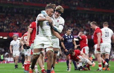 150325 Wales v England, Guinness Mens Six Nations - Chandler Cunningham-South of England celebrates with Henry Pollock of England after scoring the final try