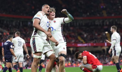 150325 Wales v England, Guinness Mens Six Nations - Chandler Cunningham-South of England celebrates with Henry Pollock of England after scoring the final try