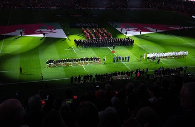 150325 Wales v England, Guinness Mens Six Nations - A general view of the Principality Stadium as the Wales and England teams line up for the anthems