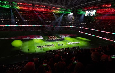 150325 Wales v England, Guinness Mens Six Nations - A general view of the Principality Stadium as the Wales and England teams line up for the anthems