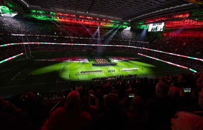 150325 Wales v England, Guinness Mens Six Nations - A general view of the Principality Stadium as the Wales and England teams line up for the anthems