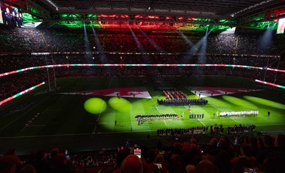 150325 Wales v England, Guinness Mens Six Nations - A general view of the Principality Stadium as the Wales and England teams line up for the anthems