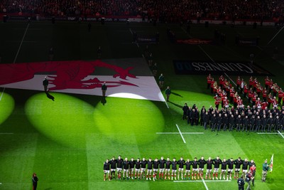 150325 Wales v England, Guinness Mens Six Nations - The Wales team line up for the anthems