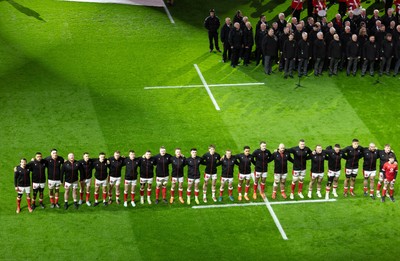 150325 Wales v England, Guinness Mens Six Nations - The Wales team line up for the anthems