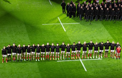 150325 Wales v England, Guinness Mens Six Nations - The Wales team line up for the anthems