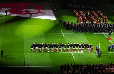 150325 Wales v England, Guinness Mens Six Nations - The Wales team line up for the anthems