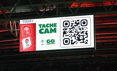 150325 Wales v England, Guinness Mens Six Nations - Go Compare Cache Cam on the stadium screen at half time