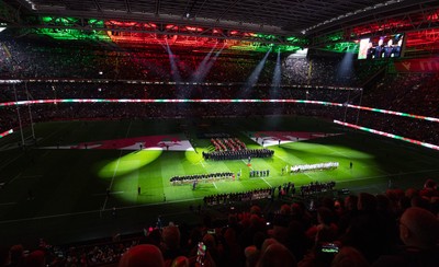 150325 Wales v England, Guinness Mens Six Nations - A general view of the Principality Stadium as the Wales and England teams line up for the anthems