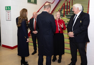 150325 Wales v England, Guinness Mens Six Nations - William, Prince of Wales along with Catherine, Princess of Wales meet WRU President Terry Cobner, Chairman Richard Collier-Keywood and CEO Abi Tierney at the Wales v England Six Nations match at the Principality Stadium, Cardiff