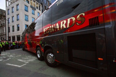 150325 - Wales v England - Guinness Six Nations - The Wales team coach arrives at the Principality Stadium