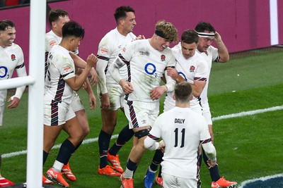 150325 - Wales v England - Guinness Six Nations - Henry Pollock of England celebrates after scoring a try