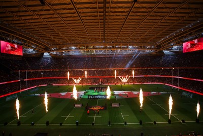 150325 - Wales v England - Guinness Six Nations - General View of prematch pyrotechnics and light show