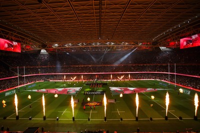 150325 - Wales v England - Guinness Six Nations - General View of prematch pyrotechnics and light show