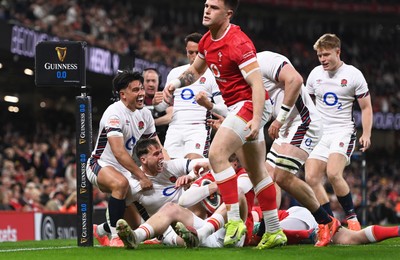 150325 - Wales v England - Guinness Six Nations - Tom Roebuck of England celebrates their sides second try