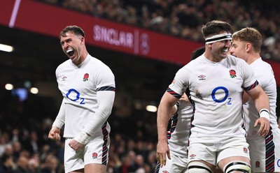 150325 - Wales v England - Guinness Six Nations - Tom Roebuck of England celebrates their sides second try