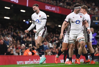 150325 - Wales v England - Guinness Six Nations - Tom Roebuck of England celebrates their sides second try