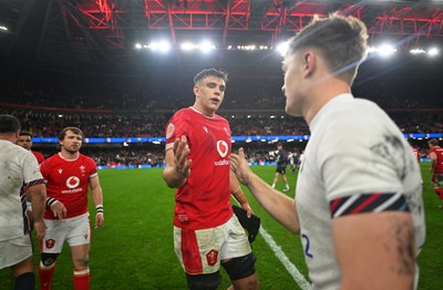 150325 - Wales v England - Guinness Six Nations - Dafydd Jenkins of Wales and Fin Smith of England shake hands