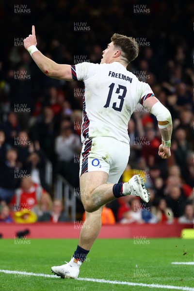 150325 - Wales v England - Guinness Six Nations - Tommy Freeman of England celebrates scoring his team's third try