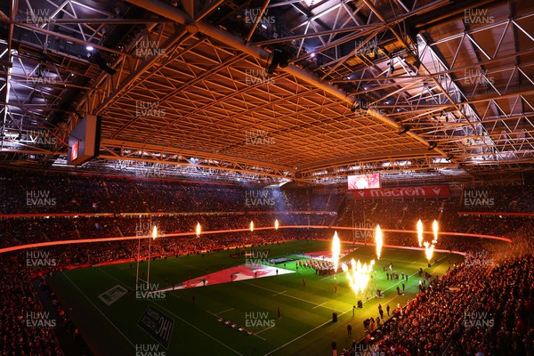 150325 - Wales v England - Guinness Six Nations - General view of the pyrotechnic display inside the Principality Stadium prior to the game